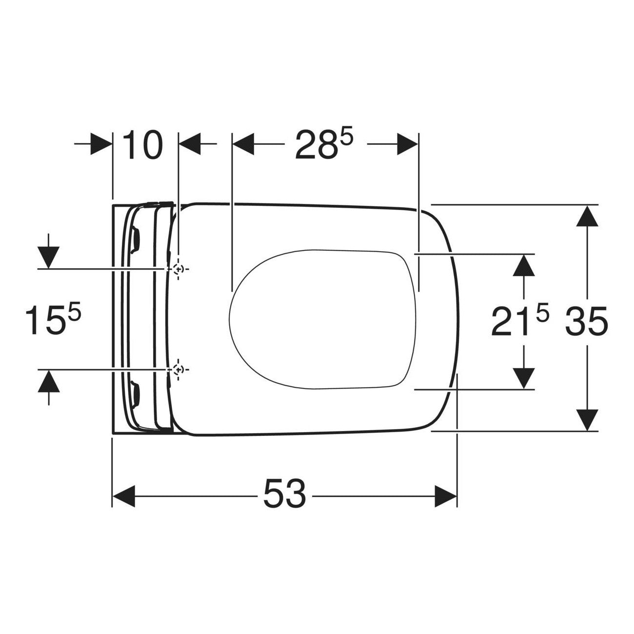 Geberit Selnova Square fali WC készlet, mélyöblítésű, zárt forma, Rimfree, WC-ülőkével, felső rögzítés (501.961.00.1) - méretrajz