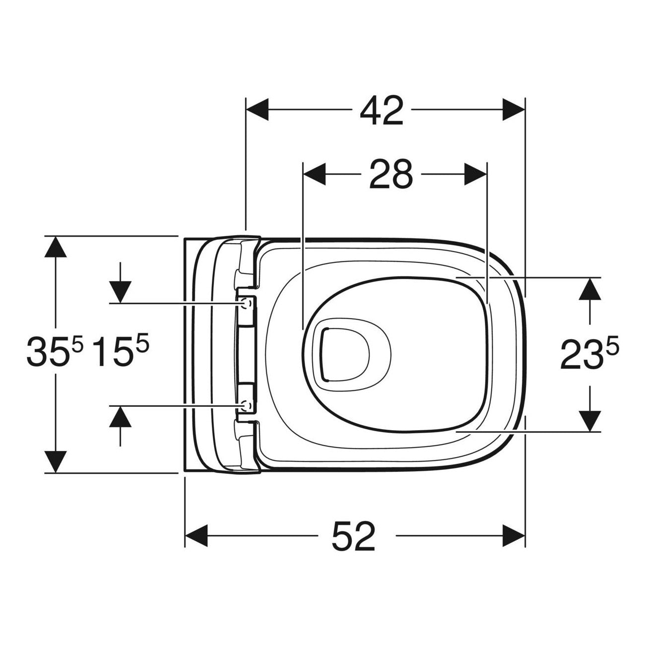 Geberit Selnova Square fali WC készlet, mélyöblítésű, Premium, zárt forma, Rimfree, WC-ülőkével (502.727.00.1) - méretrajz