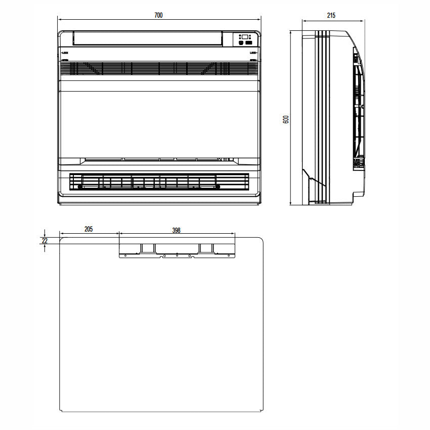 Gree mono split klíma szett konzolos 2.7 kW (GEH09AA-K6DNA1F) - méretrajz