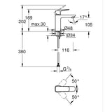 Grohe Cubeo mosdó csaptelep, M-es méret, matt fekete (1017552430) - méretrajz