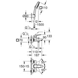 Grohe Cubeo zuhany csaptelep + Tempesta Cube 110 zuhanyszett fali zuhanytartóval (1018140000) - méretrajz
