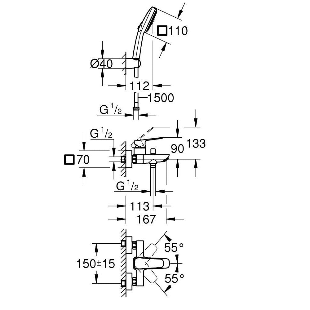 Grohe Cubeo zuhany csaptelep + Tempesta Cube 110 zuhanyszett fali zuhanytartóval, matt fekete (1018142430) - méretrajz