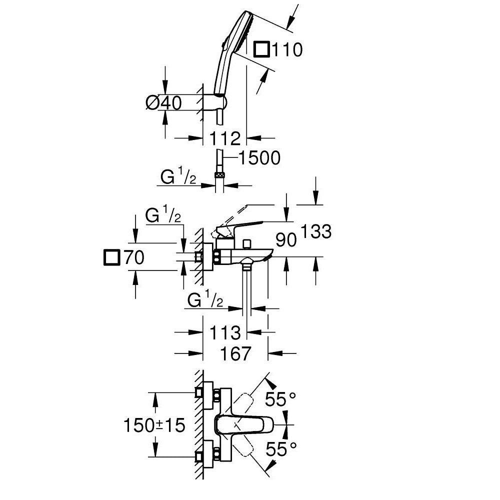 Grohe Cubeo zuhany csaptelep + Tempesta Cube 110 zuhanyszett fali zuhanytartóval, matt fekete (1018142430)