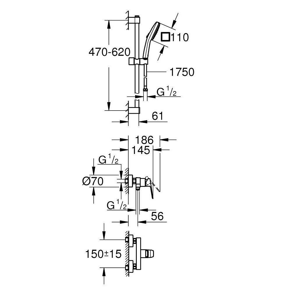 Grohe Cubeo zuhany csaptelep + Tempesta Cube 110 zuhanyszett fali zuhanyrúddal (1018250000)