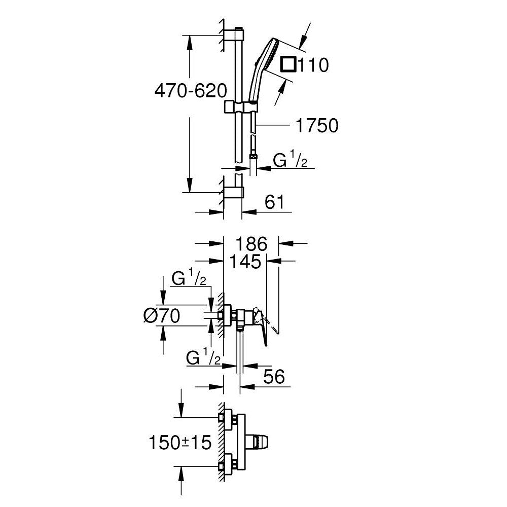 Grohe Cubeo zuhany csaptelep + Tempesta Cube 110 zuhanyszett fali zuhanyrúddal, matt fekete (1018252430) - méretrajz