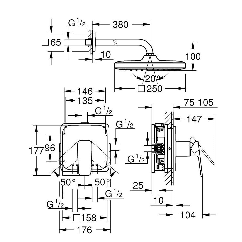 Grohe Cubeo zuhany csaptelep, színkészlet + Tempesta 250 fejzuhannyal (1053340000) - méretrajz