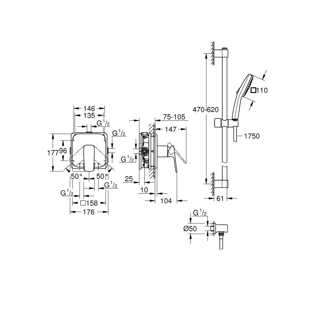 Grohe Cubeo zuhany csaptelep, színkészlet + Tempesta Cube 110 zuhanyszett, matt fekete (1053352430) - méretrajz
