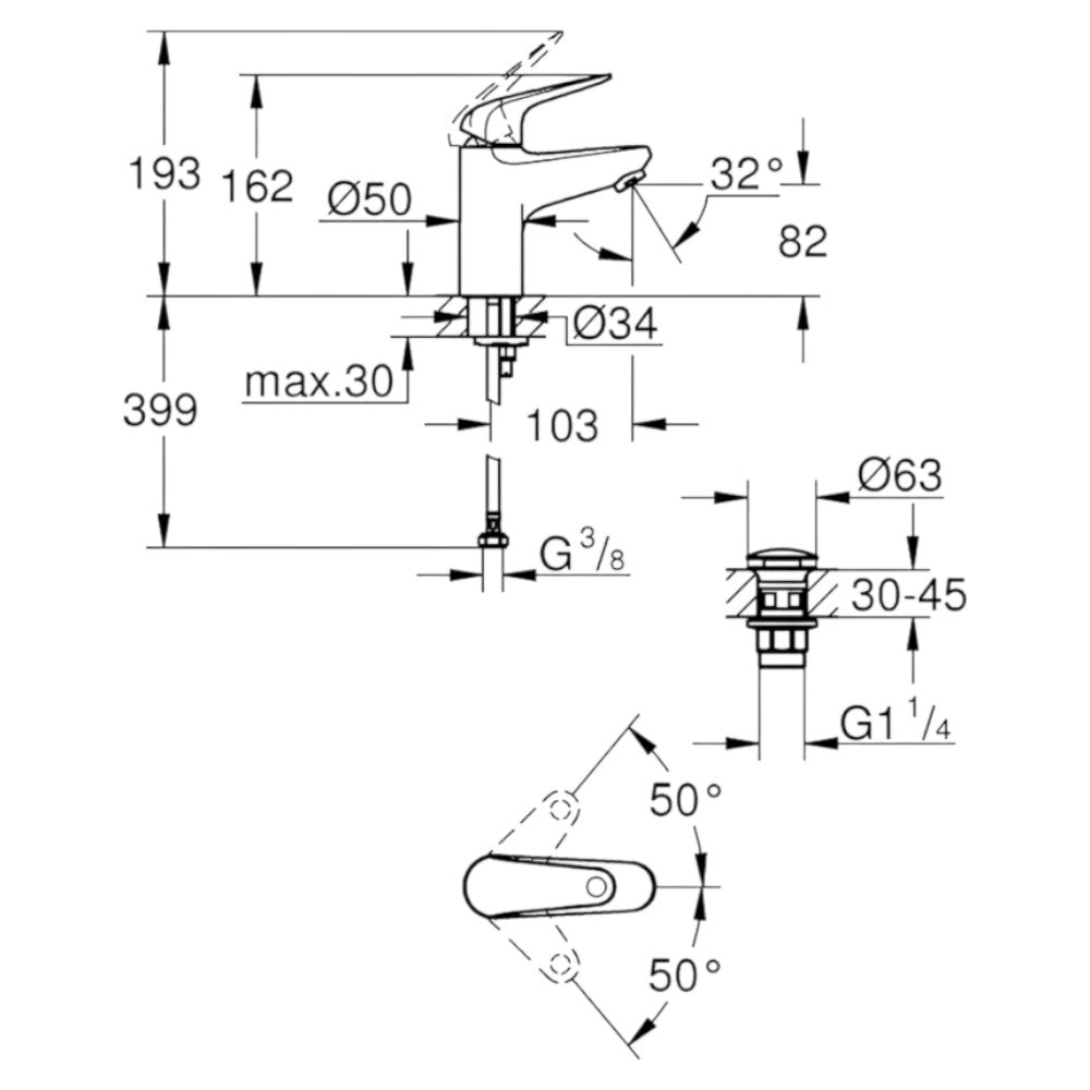 Grohe EuroEco egykaros mosdócsaptelep, S-es méret - Click leeresztővel (24256001)