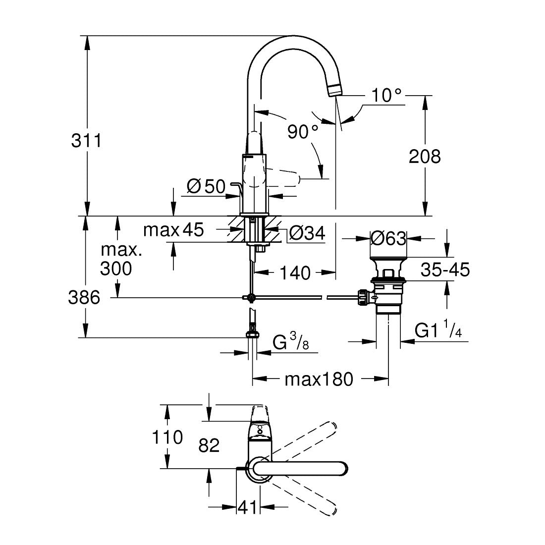 Grohe Euroeco egykaros mosdócsaptelep L-es méret - méretrajz