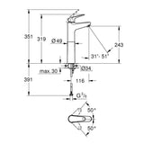 Grohe Euroeco egykaros mosdócsaptelep XL-es méret - méretrajz