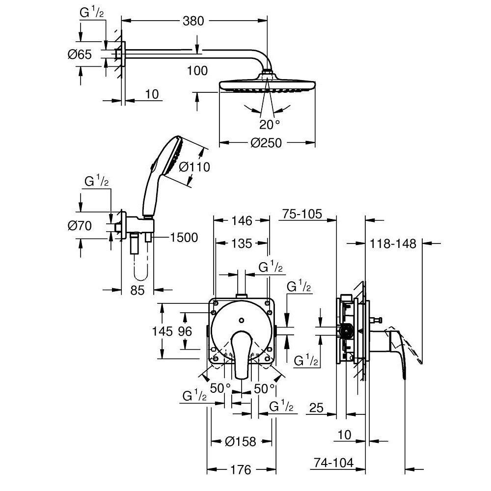 Grohe Eurosmart rejtett zuhanyrendszer Tempesta 250 fejzuhannyal (25288000)