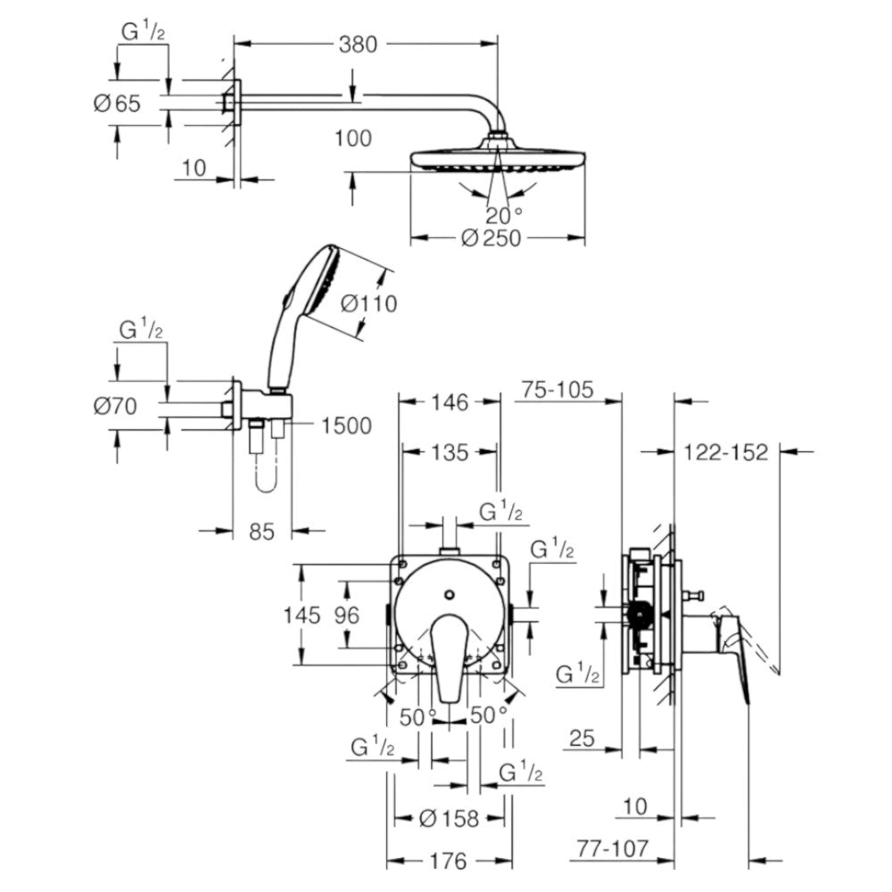 Grohe BauEdge zuhanyrendszer, Tempesta 250 fejzuhannyal