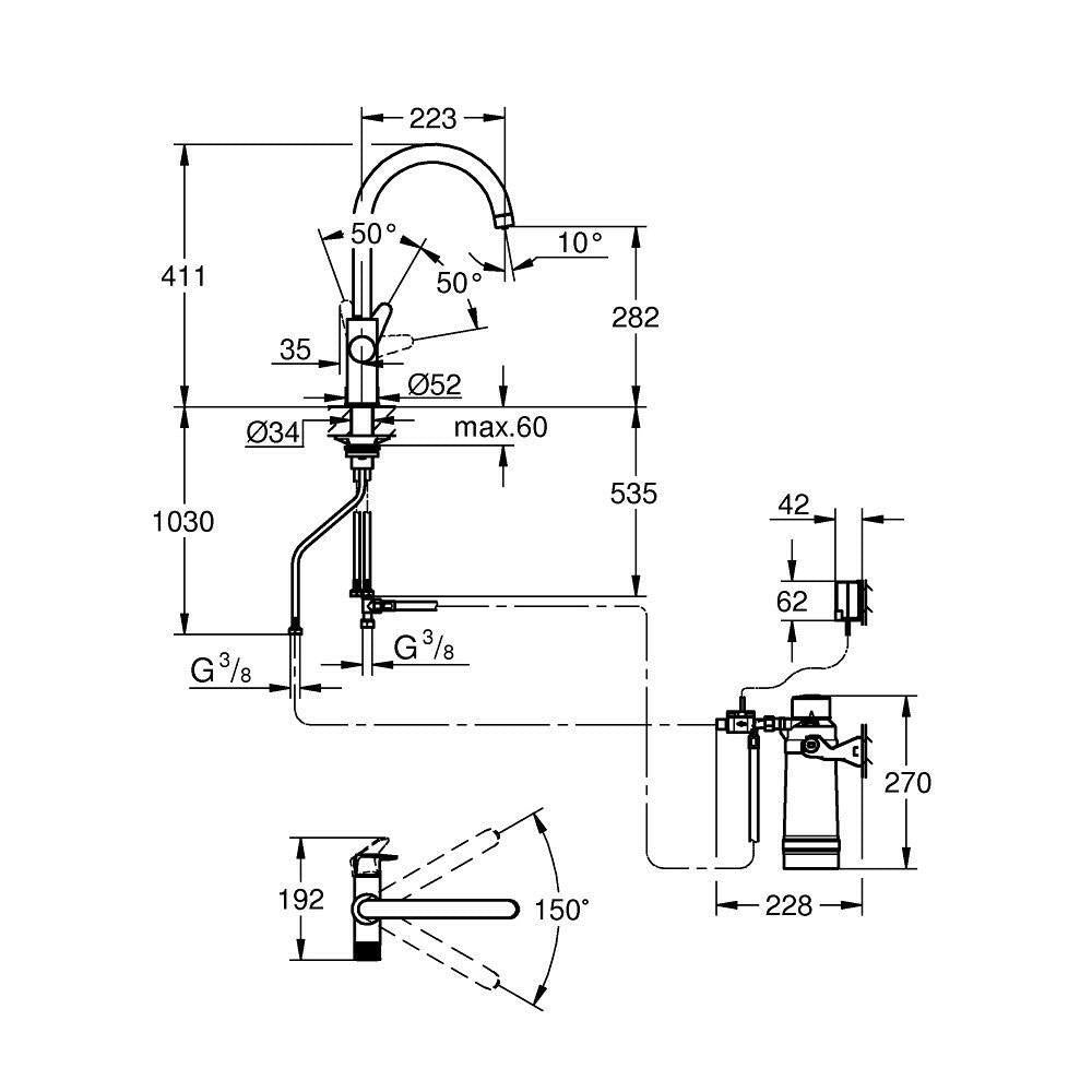 Grohe Blue Pure BauCurve C - kifolyós kezdőkészlet S - es méretű filterrel, króm (30581000)