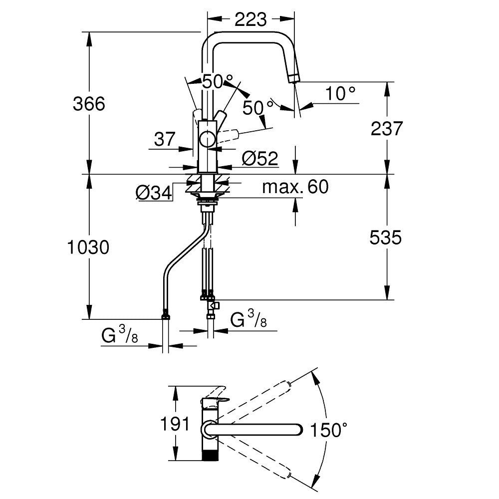 Grohe Blue Pure Eurosmart U-kifolyós vízszűrős csaptelep, króm (30583000) - méretrajz