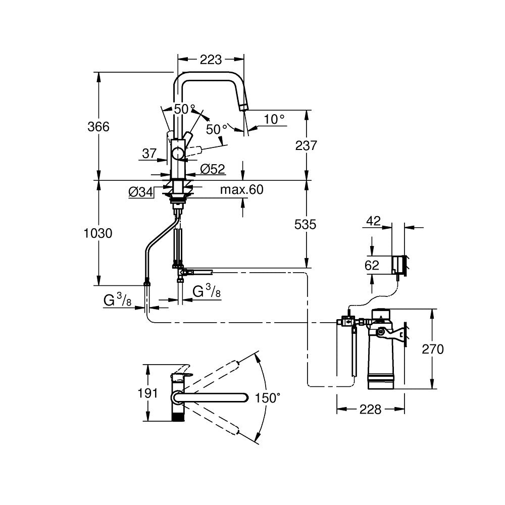 Grohe Blue Pure Eurosmart U-kifolyós kezdőkészlet S-es méretű filterrel, króm (30584000) - méretrajz