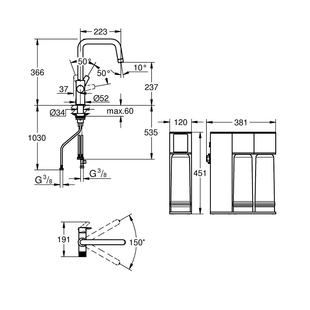 Grohe Blue Pure Eurosmart U-kifolyós kezdőkészlet fordított ozmózisos mineralizációs szűrővel (30587000) - méretrajz