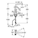 Grohe Blue Pure Minta L-kifolyós vízszűrős csaptelep, króm (30588000) - méretrajz