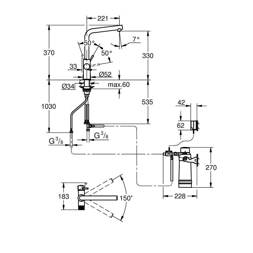 Grohe Blue Pure Minta L-kifolyós kezdőkészlet S-es méretű filterrel, króm (30589000) - energiacímke