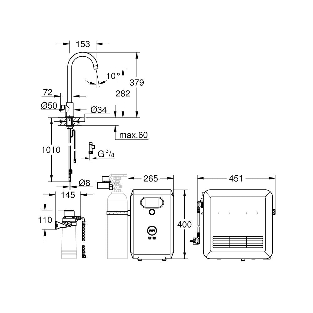 Grohe Blue Professional C-kifolyós kezdőkészlet Mono csapteleppel, szín: SuperSteel (31302DC2) - méretrajz