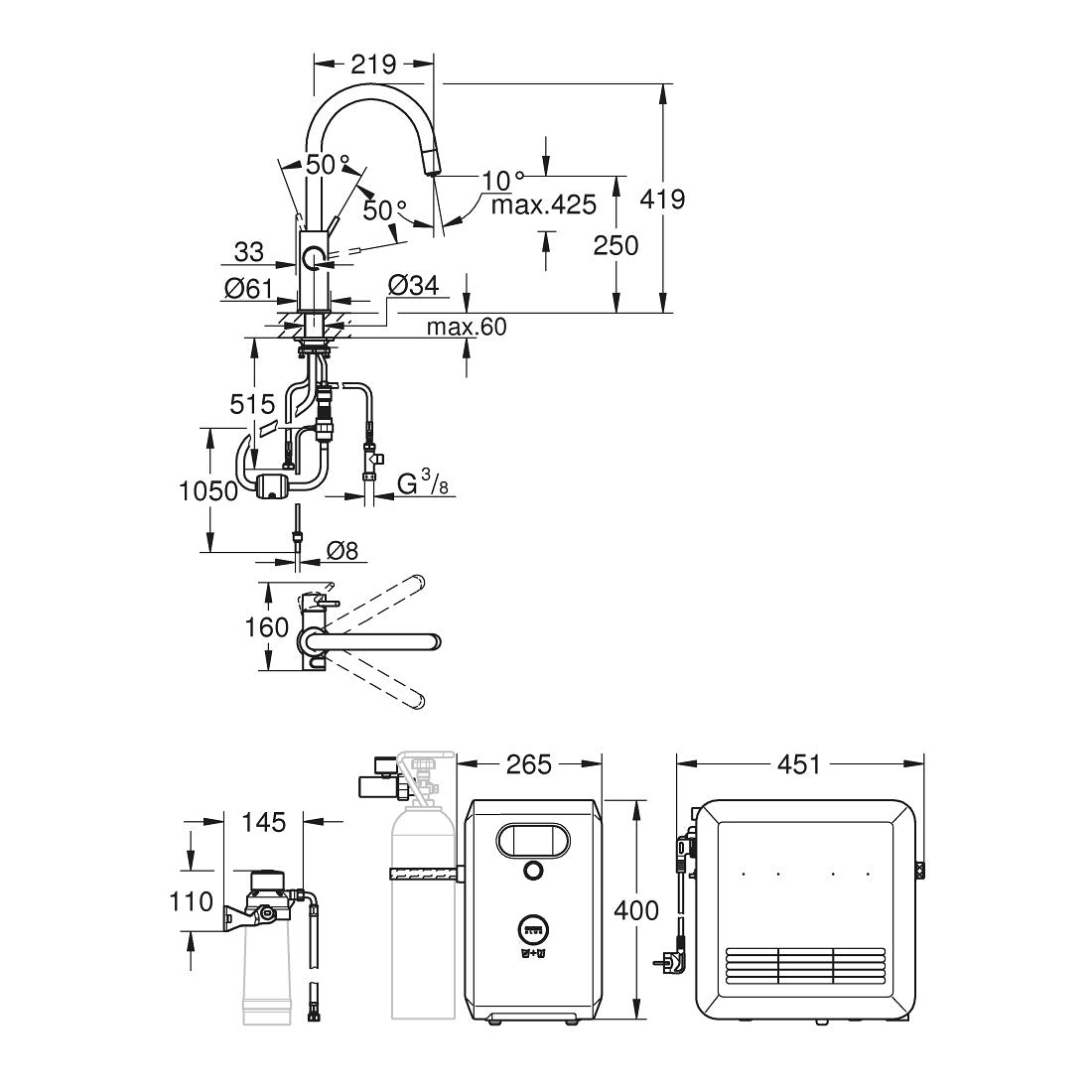 Grohe Blue Professional C-kifolyós kezdőkészlet kihúzható fejjel, szín: króm (31325002) - méretrajz