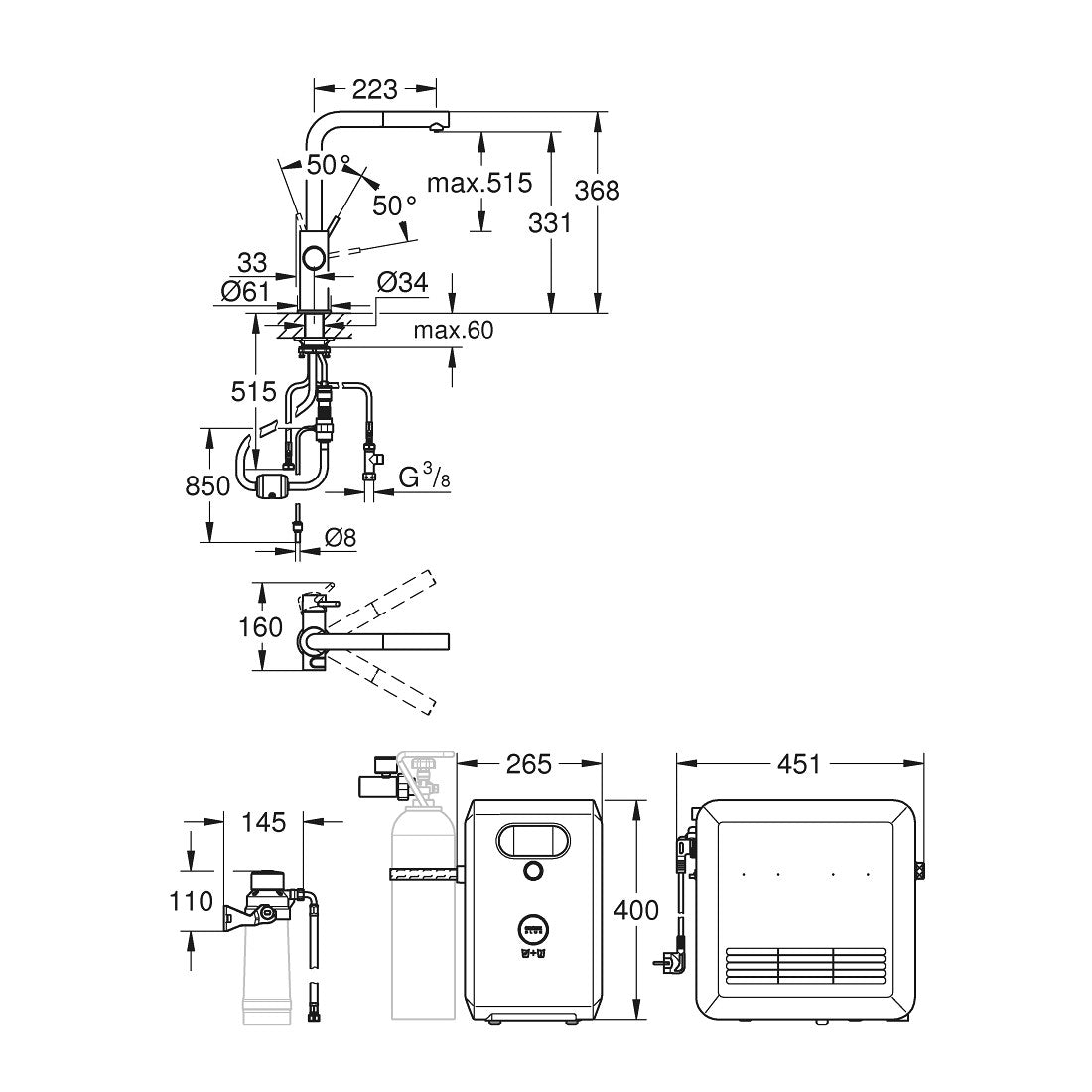 Grohe Blue Professional L-kifolyós kezdőkészlet kihúzható fejjel, szín: SuperSteel (31326DC2) - méretrajz