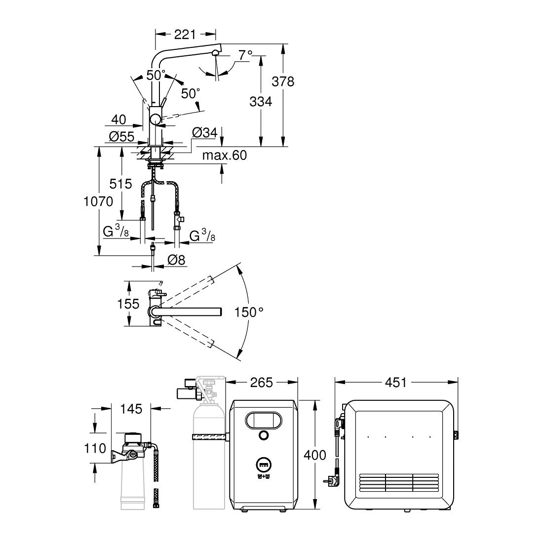 Grohe Blue Professional L-kifolyós kezdőkészlet, szín: króm (31347003) - méretrajz