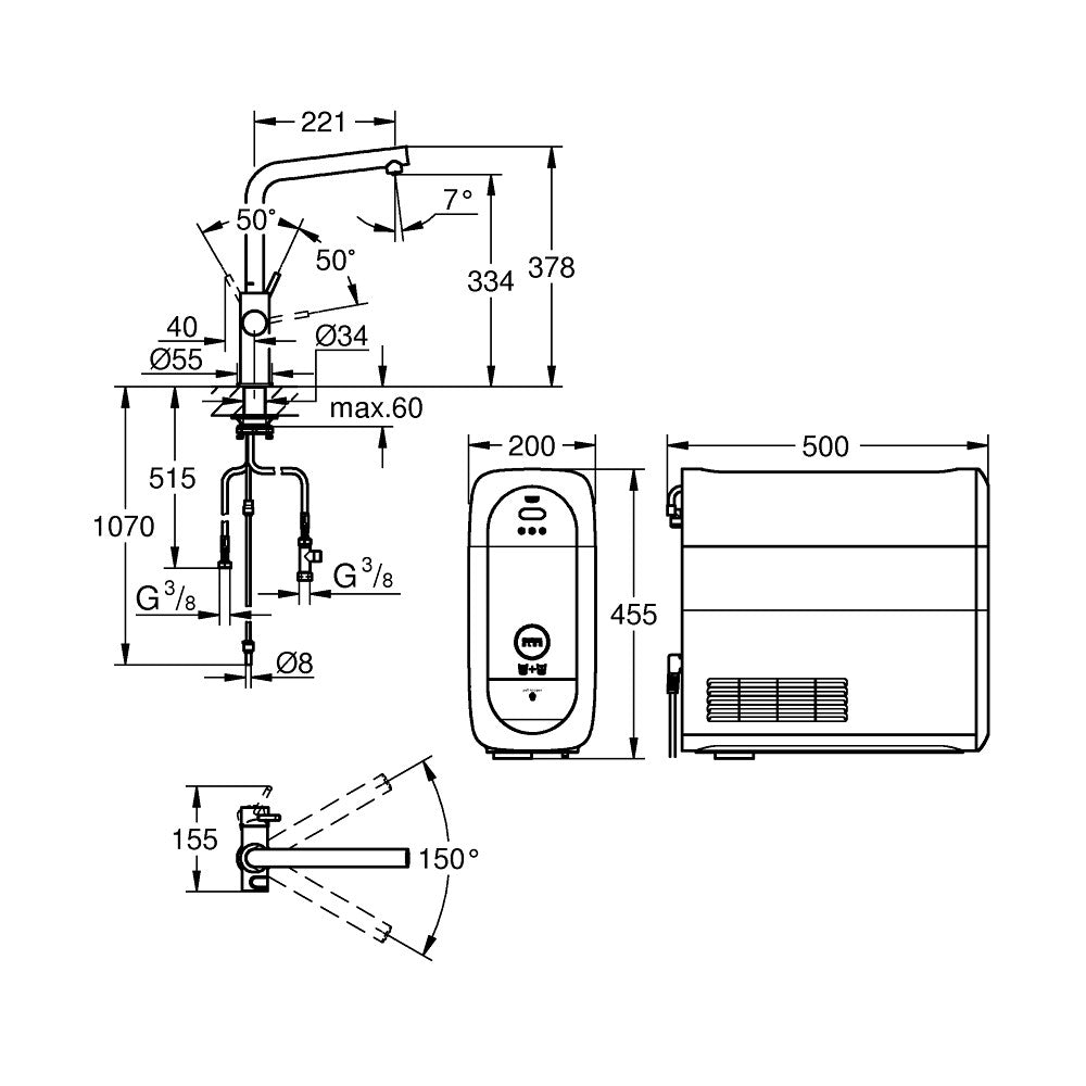 Grohe Blue Home L-kifolyós kezdőkészlet S-es méretű filterrel, króm (31454001) - méretrajz