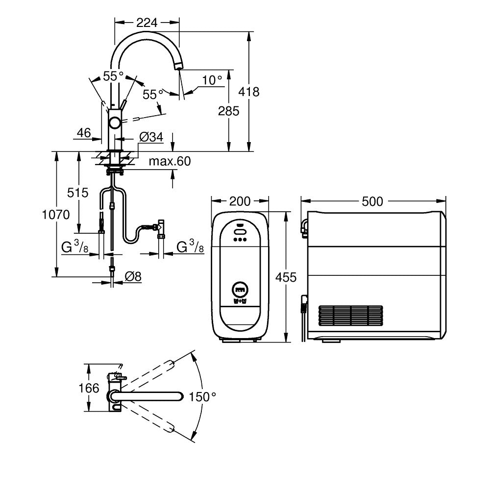 Grohe Blue Home C-kifolyós kezdőkészlet S-es méretű filterrel, króm (31455001) - méretrajz