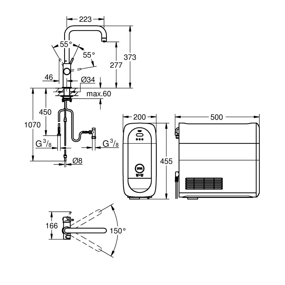 Grohe Blue Home U-kifolyós kezdőkészlet S-es méretű filterrel, króm (31456001) - méretrajz