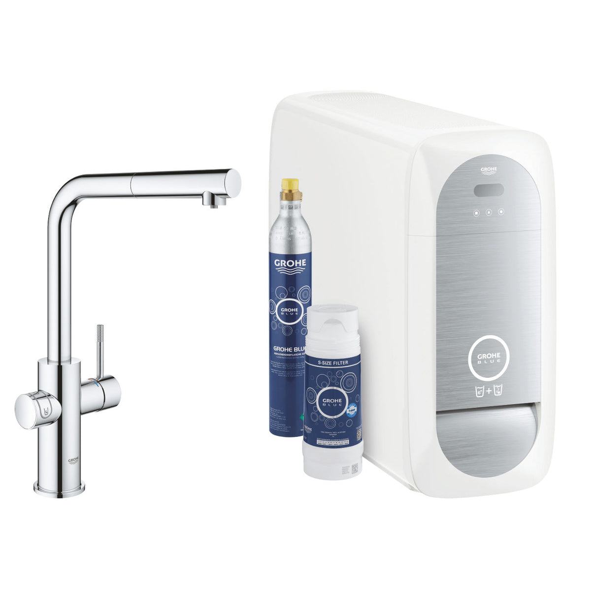 Grohe Blue Home L-kifolyós kezdőkészlet S-es méretű filterrel, kihúzható fejjel, króm (31539000)