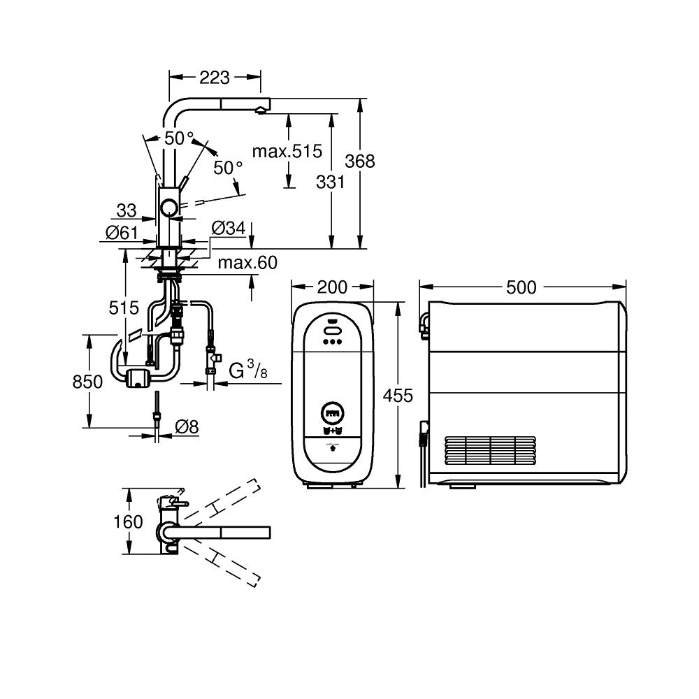 Grohe Blue Home L-kifolyós kezdőkészlet S-es méretű filterrel, kihúzható fejjel, króm (31539000) - méretrajz