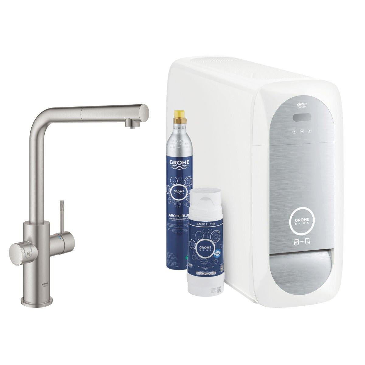 Grohe Blue Home L - kifolyós kezdőkészlet S - es méretű filterrel, kihúzható fejjel, szín: SuperSteel (31539DC0)