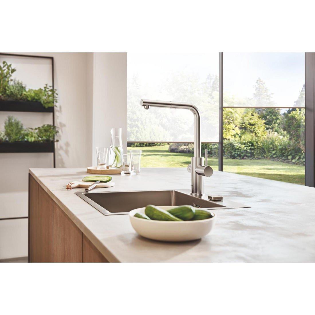 Grohe Blue Home L - kifolyós kezdőkészlet S - es méretű filterrel, kihúzható fejjel, szín: SuperSteel (31539DC0)