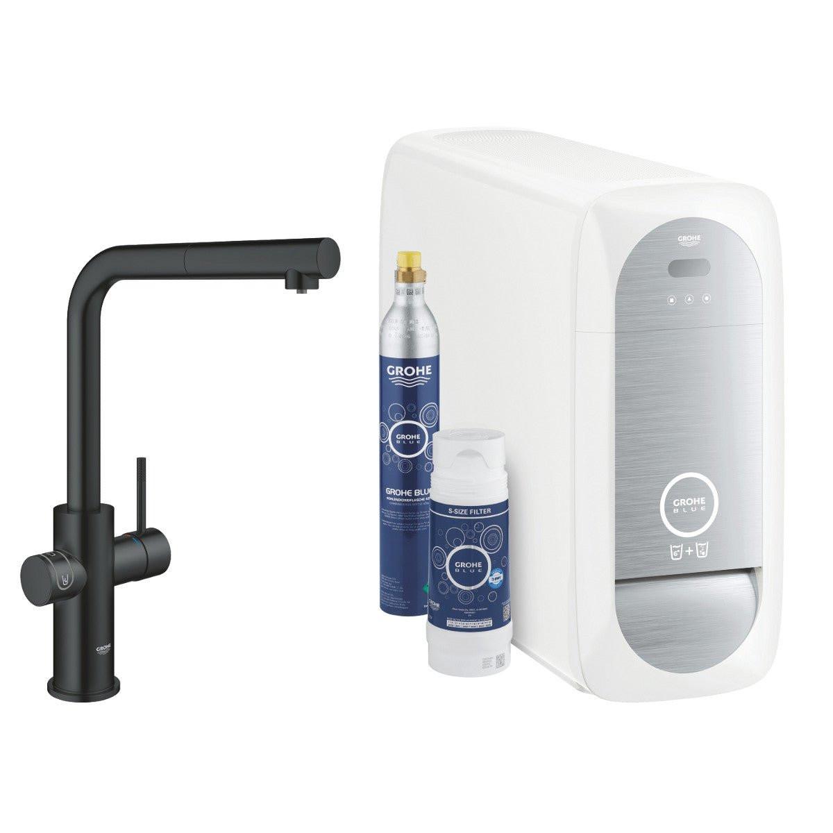 Grohe Blue Home L - kifolyós kezdőkészlet S - es méretű filterrel, kihúzható fejjel, bársony fekete (31539KS0)