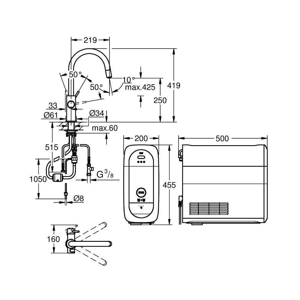 Grohe Blue Home C-kifolyós kezdőkészlet S-es méretű filterrel, kihúzható fejjel, króm (31541000) - méretrajz