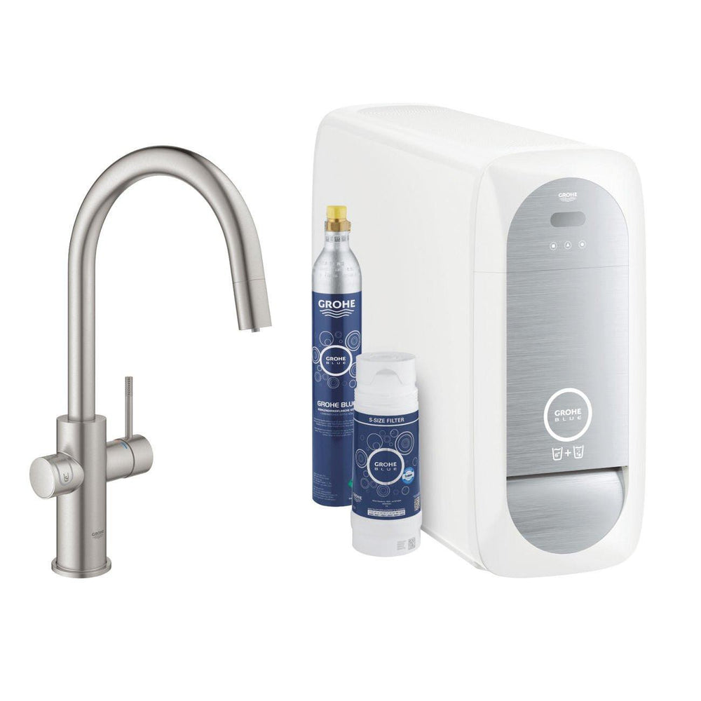 Grohe Blue Home C - kifolyós kezdőkészlet S - es méretű filterrel, kihúzható fejjel, szín: SuperSteel (31541DC0)