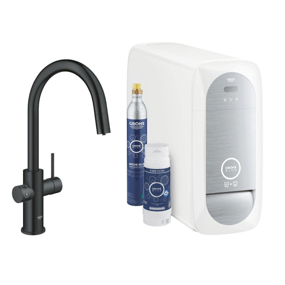 Grohe Blue Home C - kifolyós kezdőkészlet S - es méretű filterrel, kihúzható fejjel, bársony fekete (31541KS0)