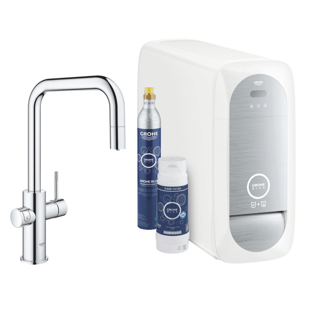 Grohe Blue Home U-kifolyós kezdőkészlet S-es méretű filterrel, kihúzható fejjel, króm (31543000)