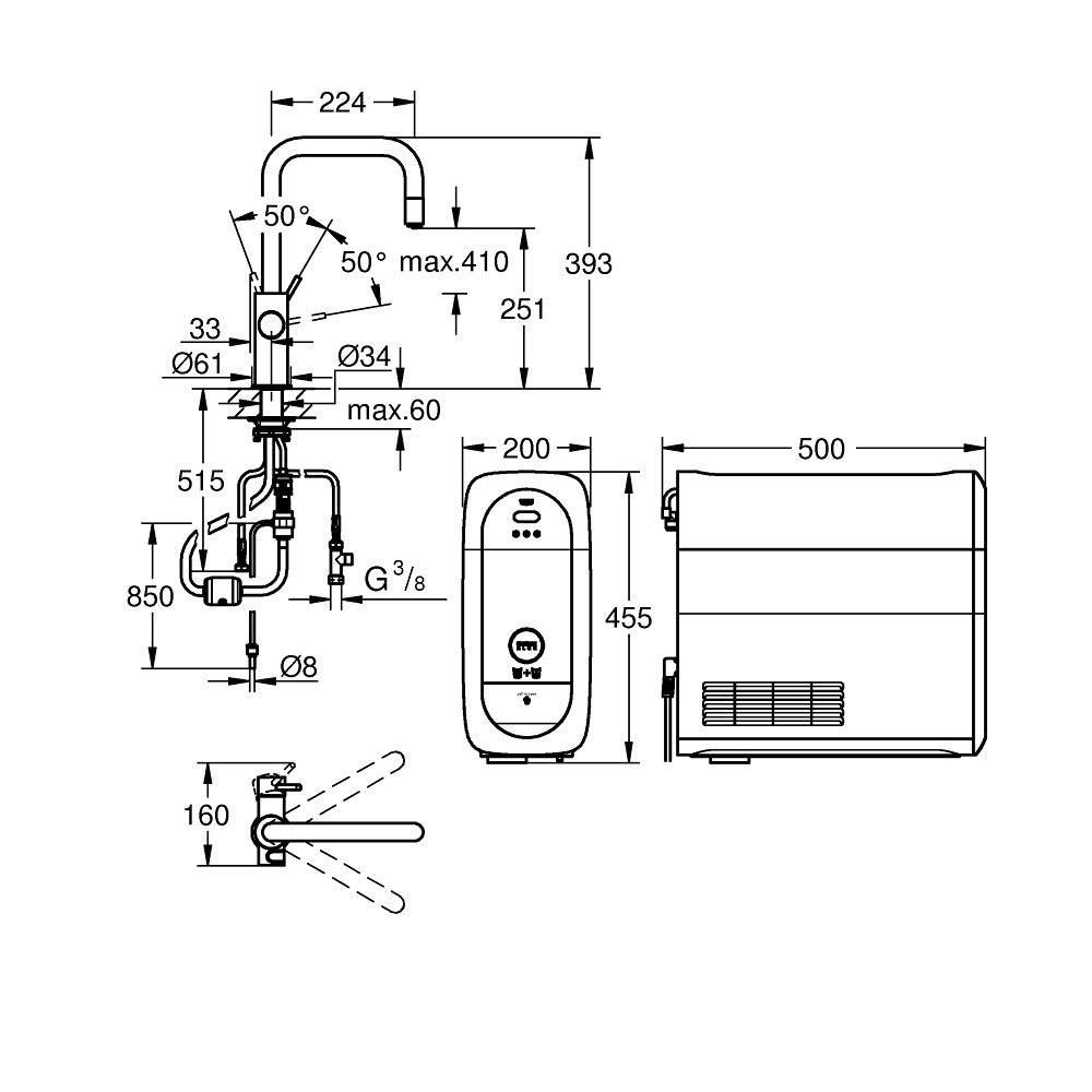 Grohe Blue Home U-kifolyós kezdőkészlet S-es méretű filterrel, kihúzható fejjel, króm (31543000) - méretrajz