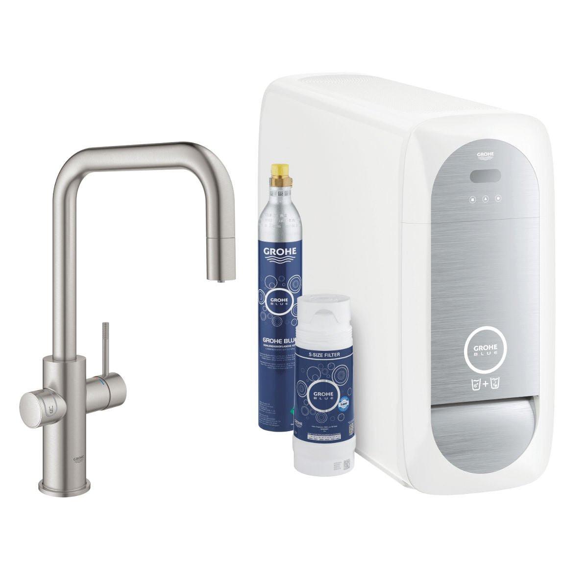 Grohe Blue Home U - kifolyós kezdőkészlet S - es méretű filterrel, kihúzható fejjel, szín: SuperSteel (31543DC0)