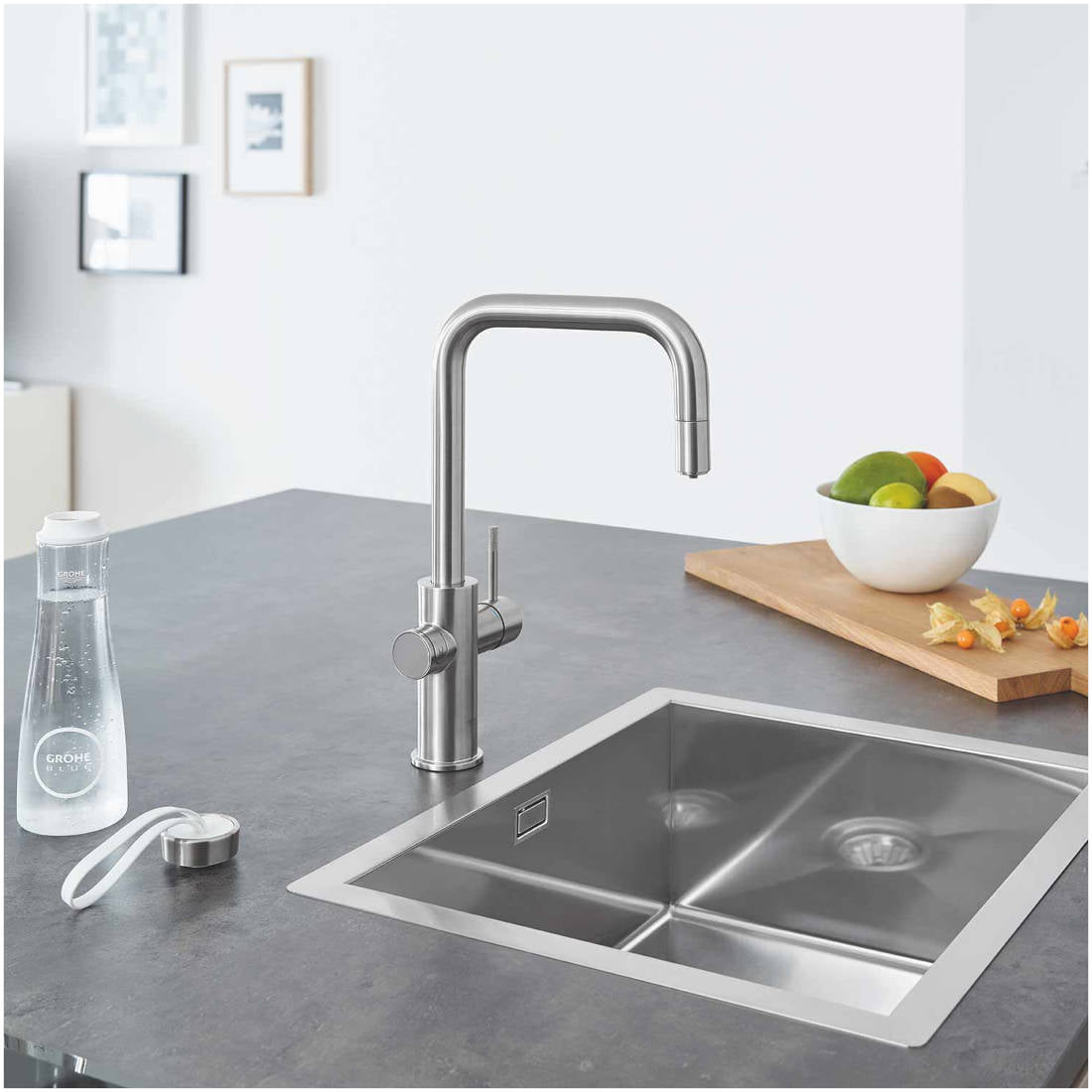 Grohe Blue Home U-kifolyós kezdőkészlet S-es méretű filterrel, kihúzható fejjel, szín: SuperSteel (31543DC0)