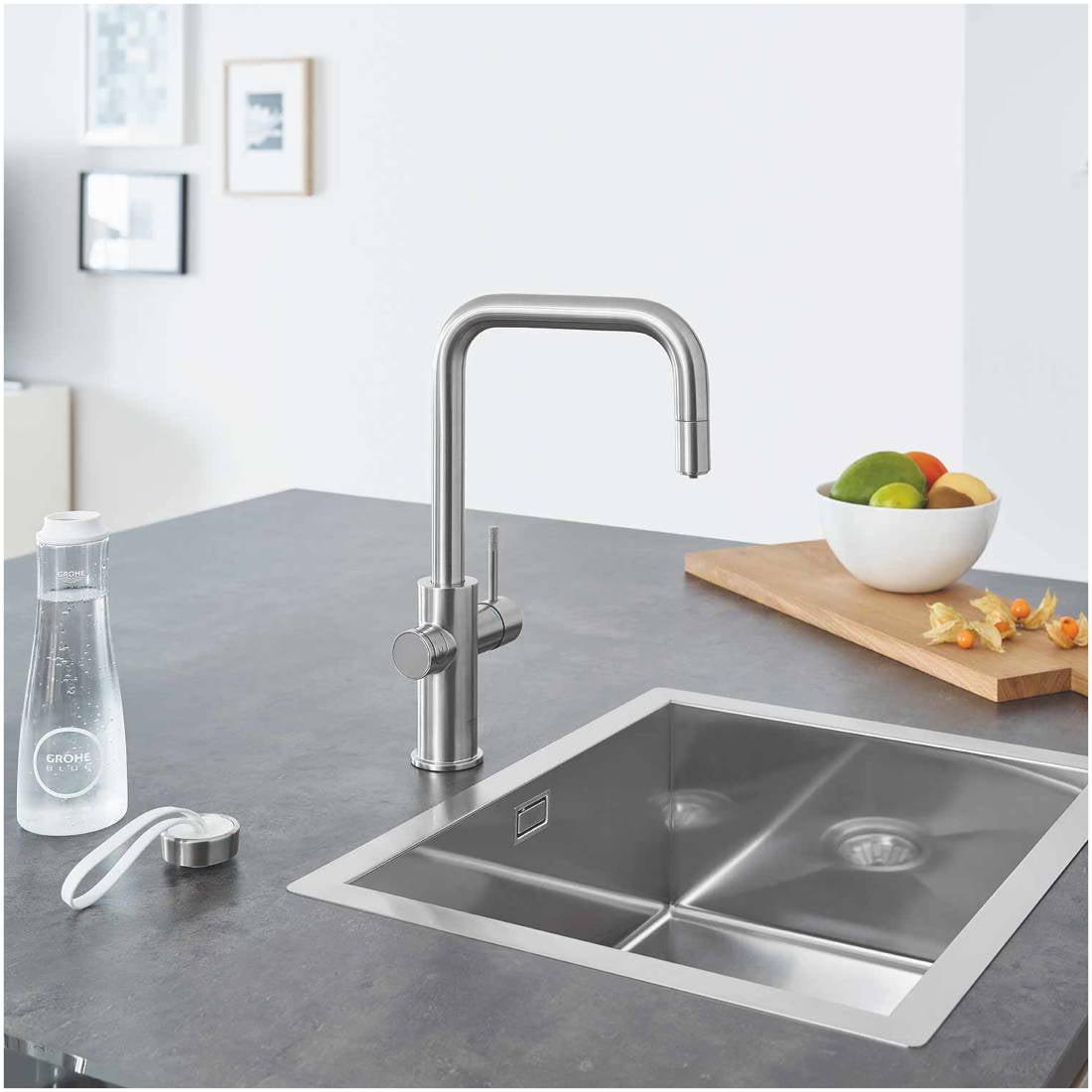 Grohe Blue Home U - kifolyós kezdőkészlet S - es méretű filterrel, kihúzható fejjel, szín: SuperSteel (31543DC0)