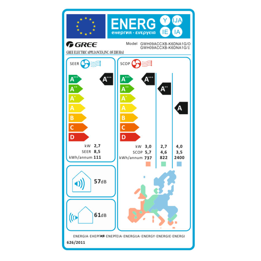 Gree Dark Pro mono split klíma szett 2.7 kW (GWH09ACCXB-K6DNA1G-D) - energiacímke