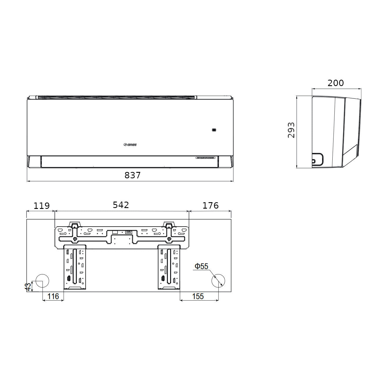 Gree Smart one mono split klíma szett 2.7 kW (GWH09AOCXB-K6DNA2A) - méretrajz