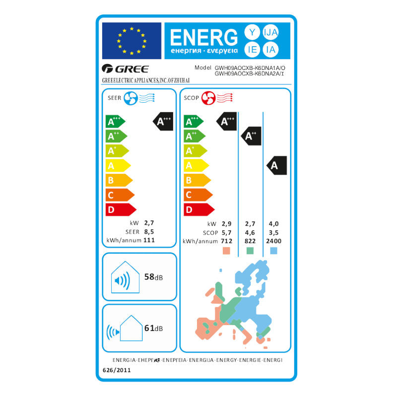 Gree Smart one mono split klíma szett 2.7 kW (GWH09AOCXB-K6DNA2A) - energiacímke