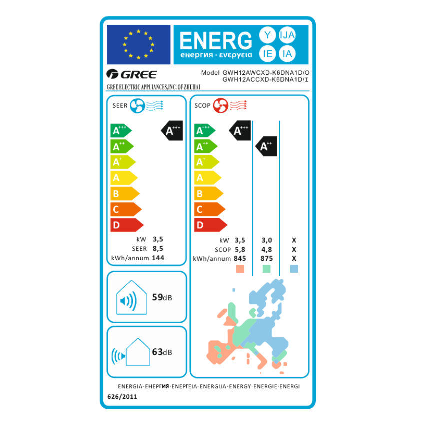 Gree Dark Pro mono split klíma szett 3.5 kW (GWH12ACCXD-K6DNA1D-D) - energiacímke