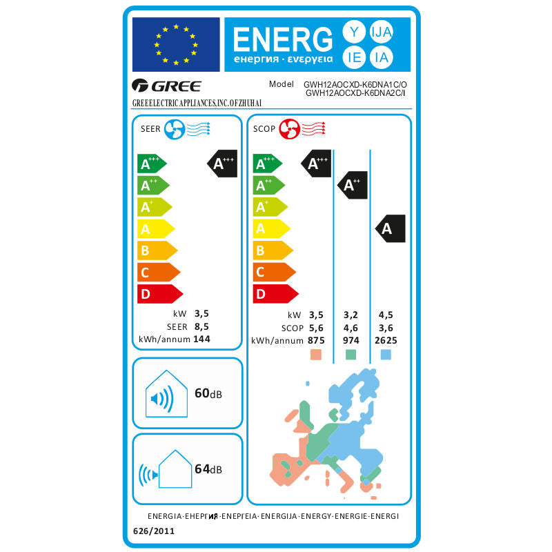 Gree Smart one mono split klíma szett 3.5 kW (GWH12AOCXB-K6DNA2C) - energiacímke