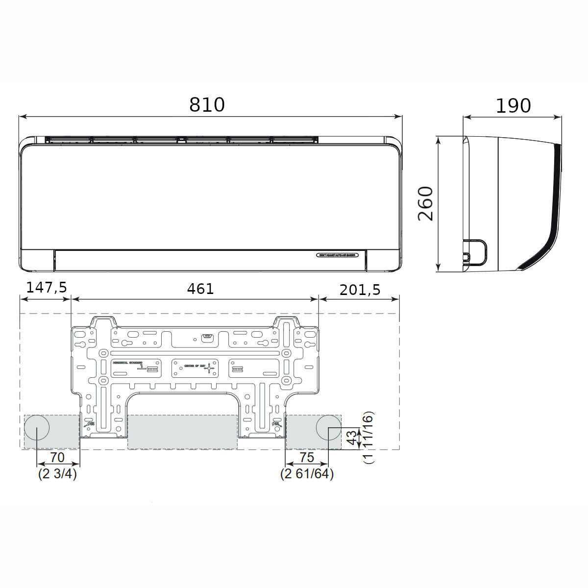 Gree Cosmo Eco mono split klíma szett 3.2 kW (GWH12AWBXB-K6DNA2F) - méretrajz