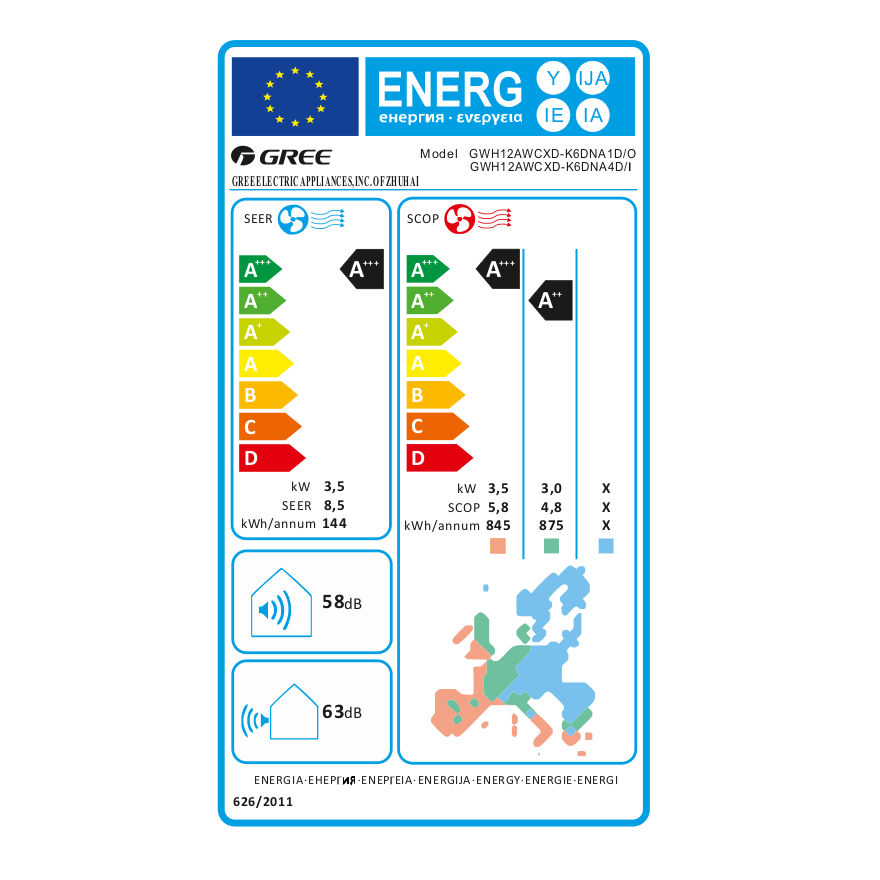 Gree Cosmo mono split klíma szett 3.5 kW (GWH12AWCXD-K6DNA4D) - energiacímke