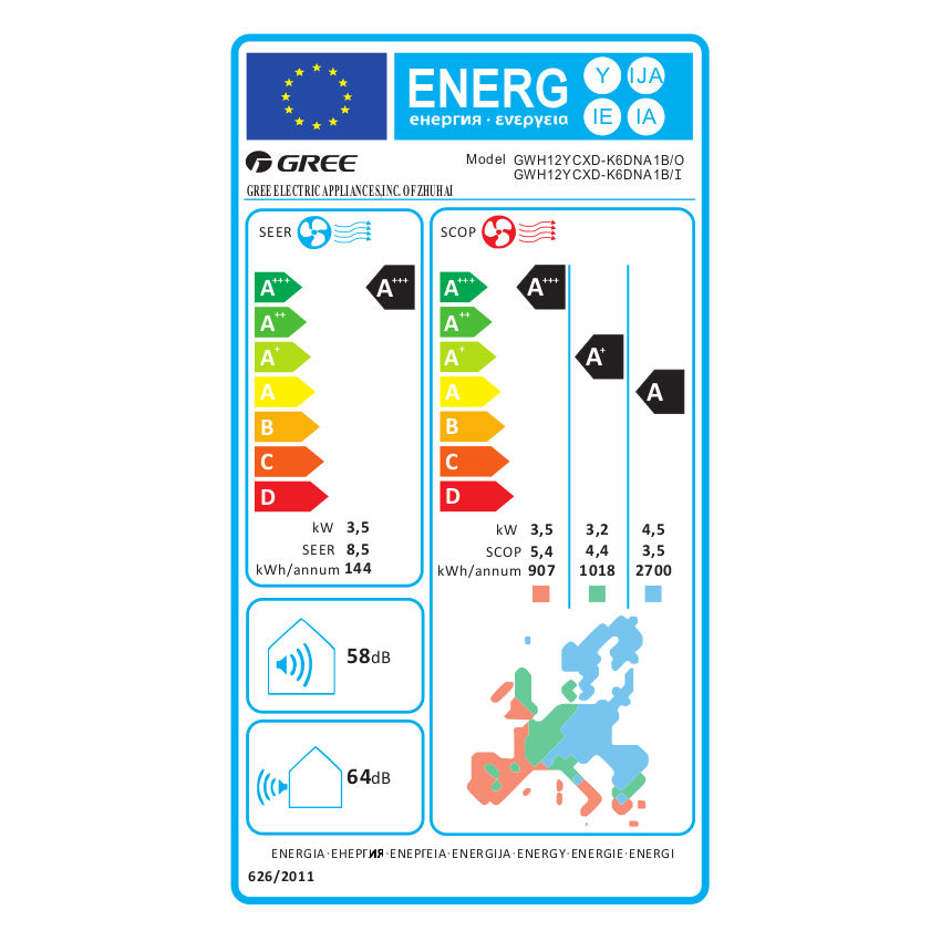 Gree Amber UV mono split klíma szett 3.5 kW - energiacímke